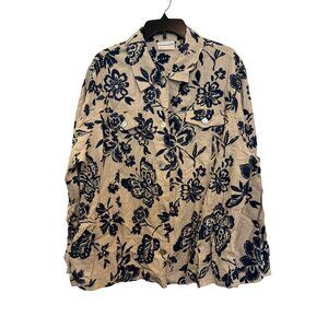 Alfred Dunner Floral Button-Up Shirt Woman Size 28W Beige Navy Long Sleeve